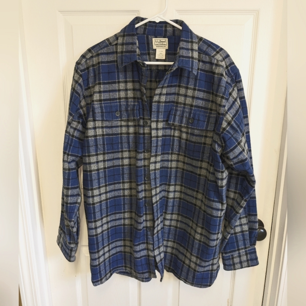 L.L. Bean Shirt Jacket Men's Large Blue Grey Black Plaid Thick Flannel EUC